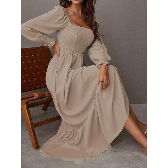 Women's Casual Maxi Dress Square Neck Long Sleeve Ruffle Shirred Flowing - Picture 6 of 7